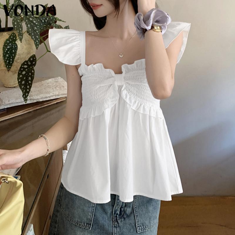 

VONDA Женские летние топы без рукавов с оборками, бантом, нерегулярные, повседневные, эластичные майки S белый