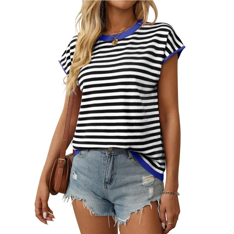 Top in maglia girocollo estivo da donna, maglione casual a righe contrastanti