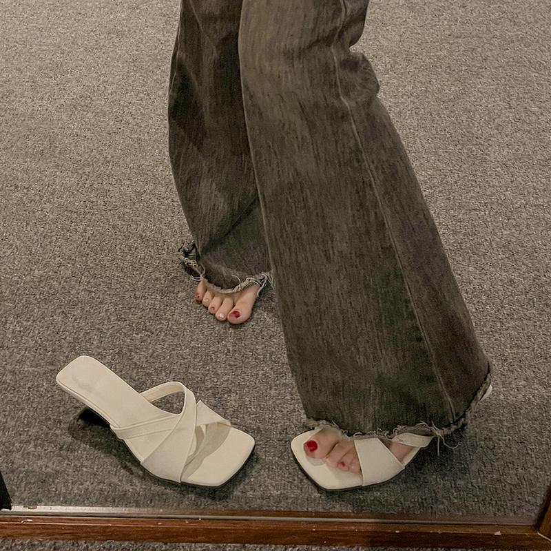 Fashion French High-heeled Niche Slippers for Women's Summer New All-match Outward Wear Square-toe Open-toe Cool Mop