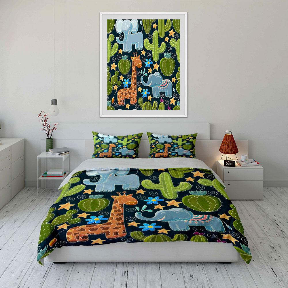 Cartoon Safari Animals & Cactus Bedding Duvet Cover Set  (1*Duvet Cover 2*Pillowcases, without duvet insert)