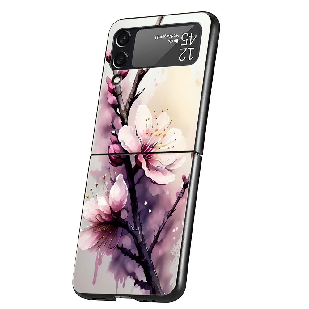 Cherry Blossoms Hard PC Phone Case For Samsung Galaxy Z Flip 5 4 3 Black Cover For Galaxy Z Flip 6 Foldable Shockproof Cases Bag