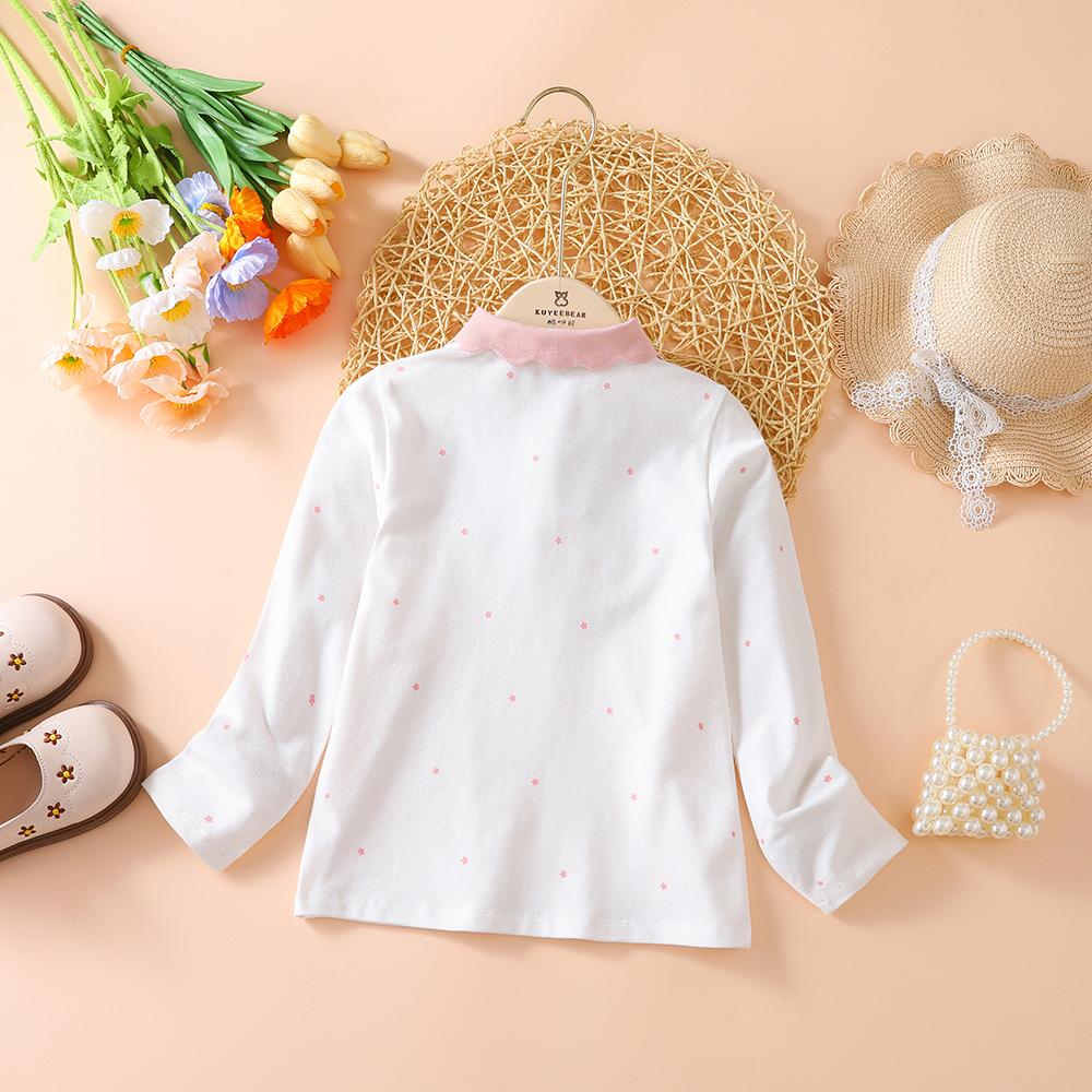 Girls Cotton Long Sleeve Polo Shirt White with Pink Collar And Cute Cartoon Patch Kids' Fashion Top for Ages 2-6