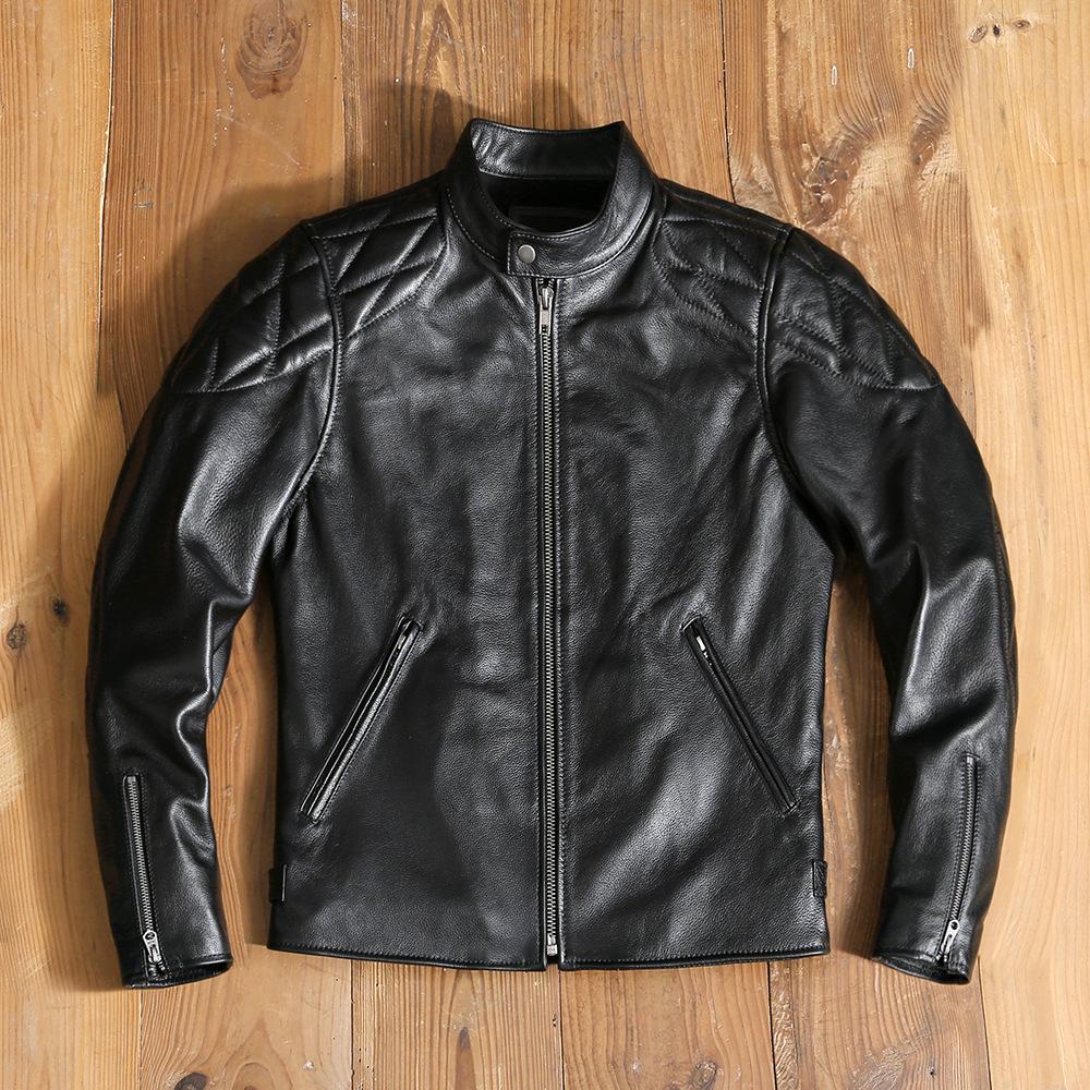 

First Layer Cowhide Leather Genuine Leather Men s Motorcycle Suit Stand Collar Slim Short Youth Leather Jacket Jacket S чёрный