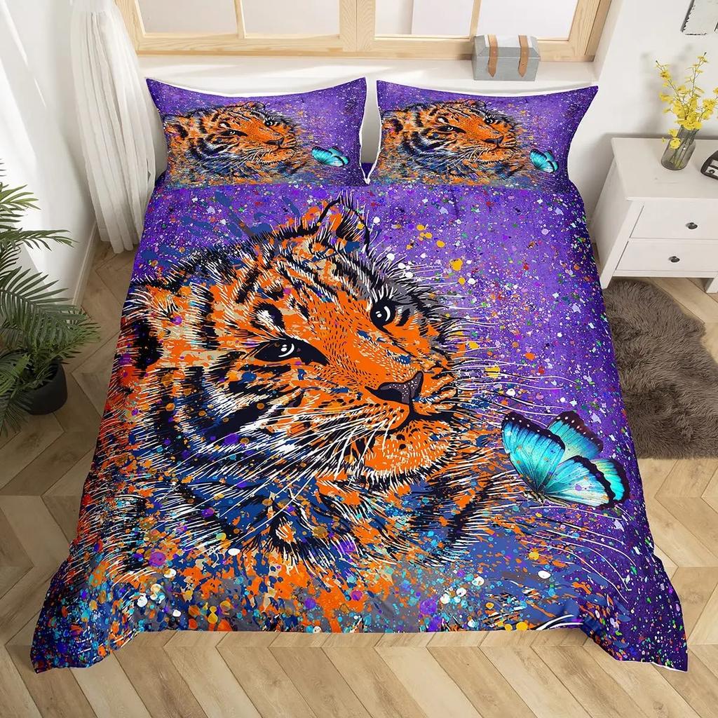 Galaxy Tiger Duvet Cover Set Blue Nebulas Stars Moon Bedding Sets Outer Space Wildlife Sky Starry King Comforter Cover Set