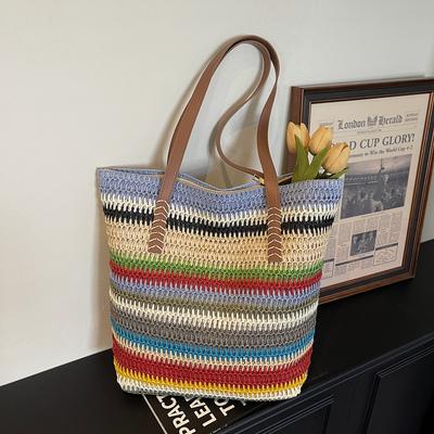 Kontrastfarbene handgewebte Gras-Tasche - Lässige und vielseitige Strandurlaubs-Tragetasche
