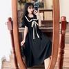 Plus Size Women's Summer Black Doll Collar Dress - French Academy Style with Lace-up Waist