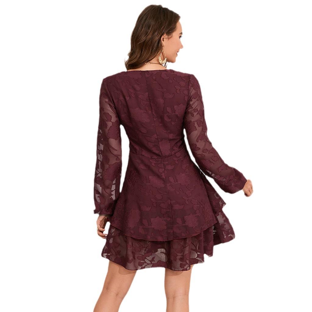 Spring and Autumn Women Fashion Dress Chiffon Versatile Long Sleeve V-neck Dress Fit Elegant Temperament Dress Floral Short Dress