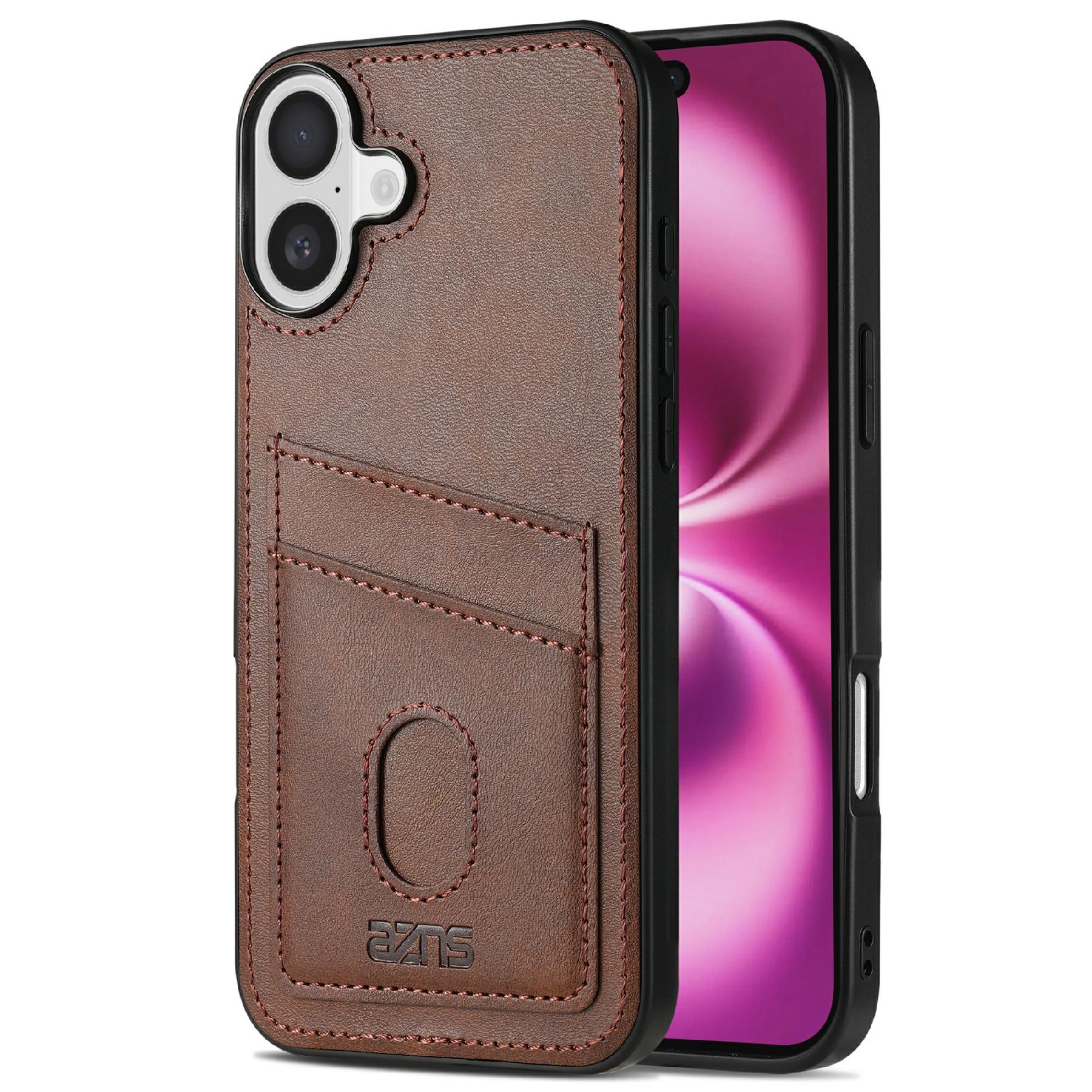 AZNS K1 Series For iPhone 16 Plus Case Calf Texture Anti-Drop PU+TPU Phone Cover with 2 Card Slot A