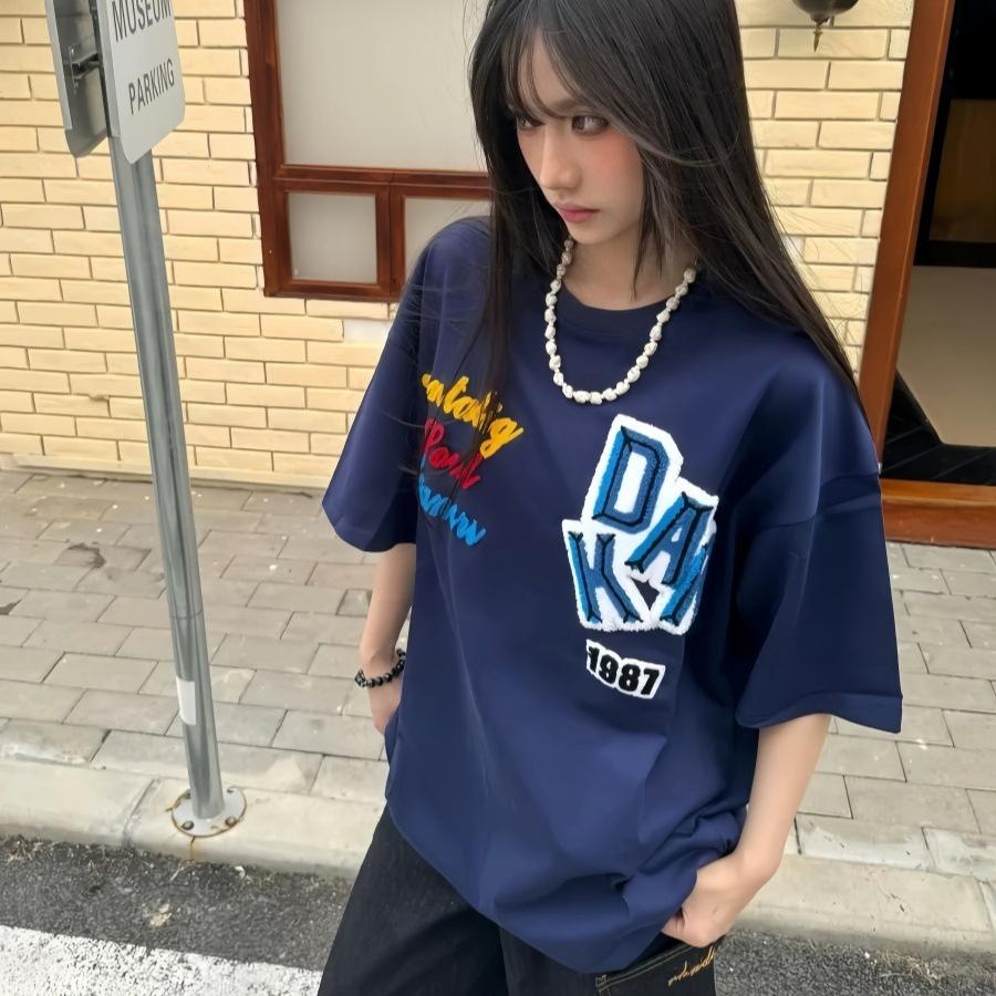 High Street Dopamine Letter Towel Embroidered Round Neck Large Size Top Summer Loose Casual Large T-Shirt Women