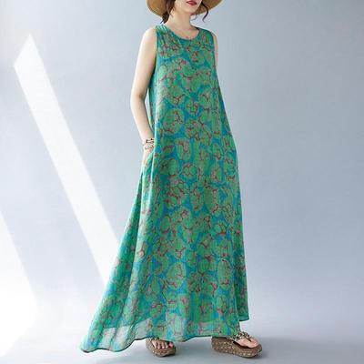 Sem mangas plus size algodão vintage floral novo em vestidos para mulheres casual solto longo vestido de verão