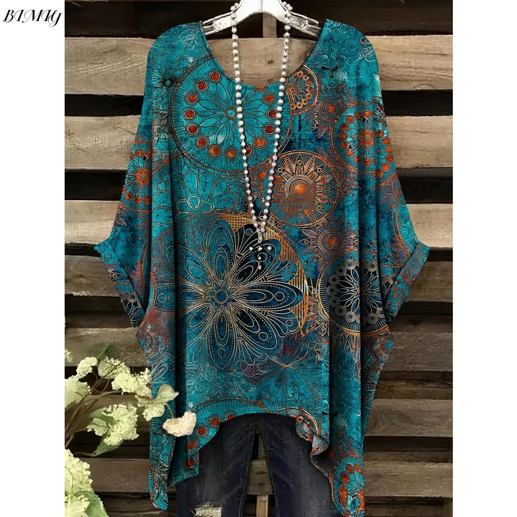Bohemian Floral Tunic Women's Bohemian Floral Print Tunic T-Shirt Short Sleeve Round Neck Casual Top Vibrant