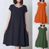 Summer Cotton Linen Pleated Dress - Short Sleeve, Artistic Round Neck, Loose Fit for Moms