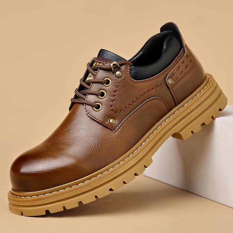 Men's Leather Casual Work Shoes Non-slip Thick Rubber Sole Stylish Low-top Boots Comfortable Outdoor Trendy Casual Shoes for Men