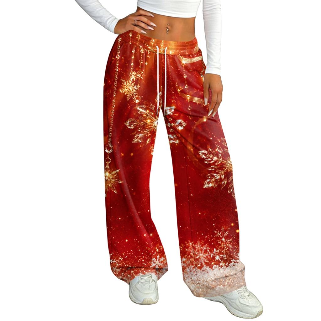 Women's Casual Christmas Print Loose Fit Straight Leg -Lined Pants with Elastic Waist for Winter