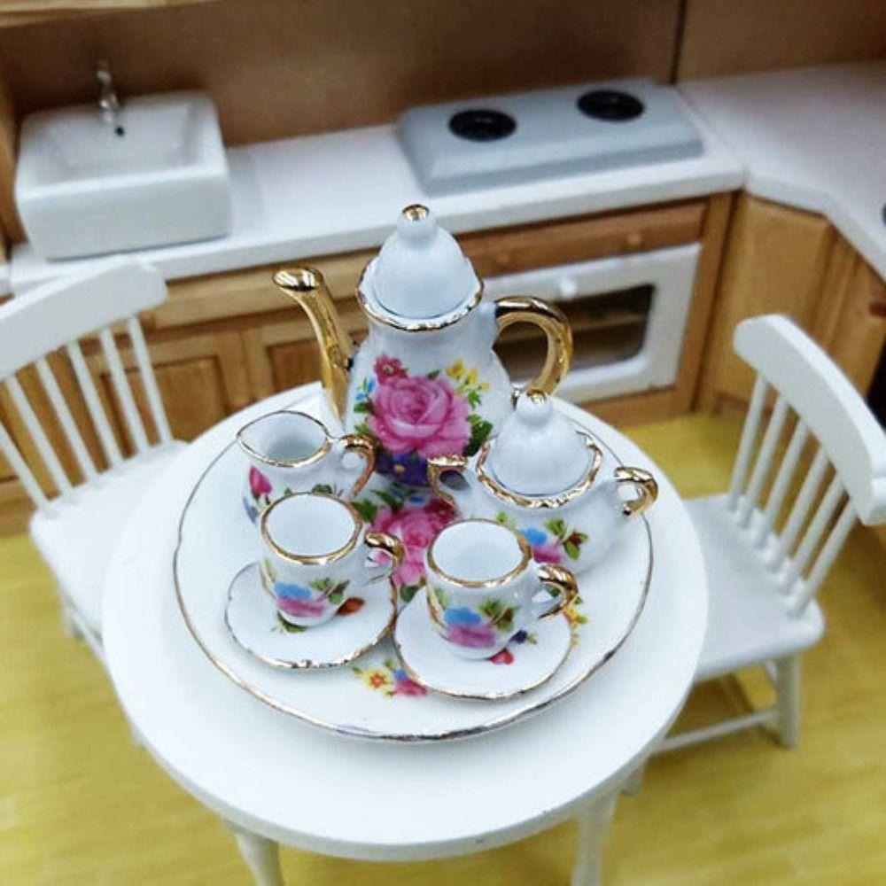 Floral Print Dollhouse Dinnerware Dish Plate Miniature Cups Pot Children's Toy