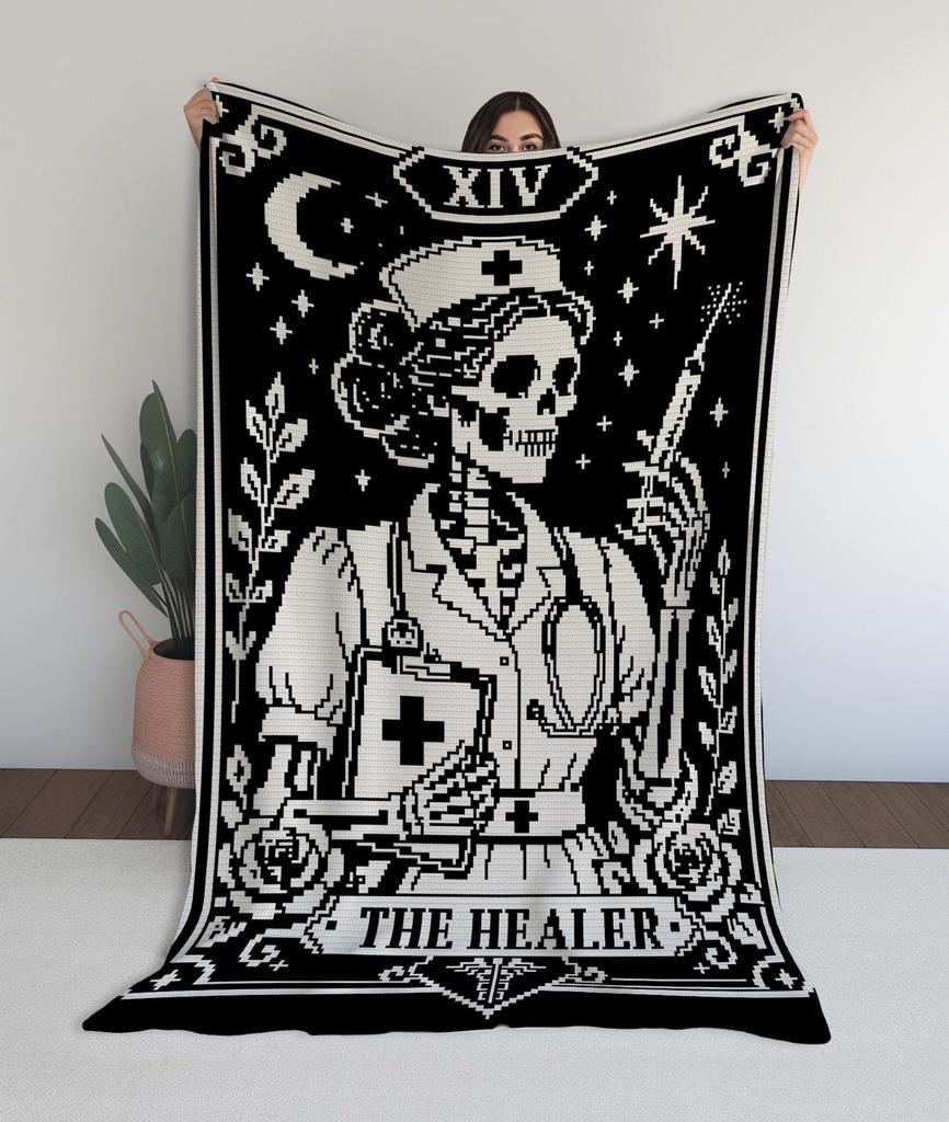 The Healer Tarot Mosaic Overlay Crochet Blanket Pattern Gothic Nurse Skeleton Medical Nurse Gift PDF (Digital)