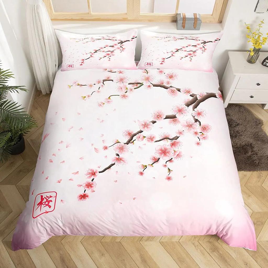 Japanese Duvet Cover Branch of  Flourishing Sakura Tree Cherry Blossoms Spring Theme Art Pink Decor Dark Brown for Women Gifts