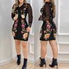Autumn Fashion Mesh Long Sleeve V-Neck Slim Fit Printed Dress Women