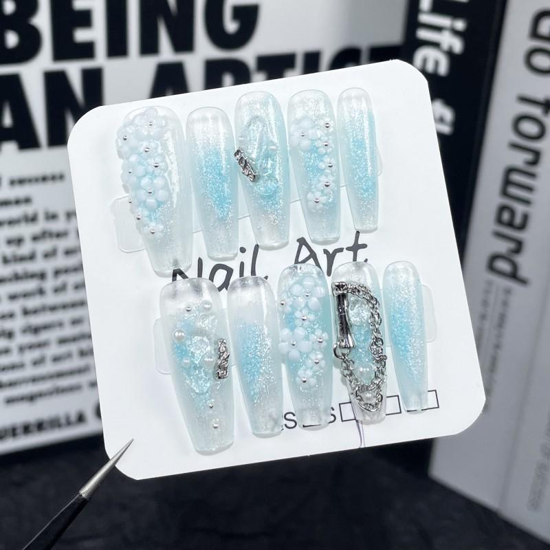Handmade Press-On Nails Long Coffin Shape With Ocean Blue Ombre Floral Design Sparkle Glitter Women Extra Small