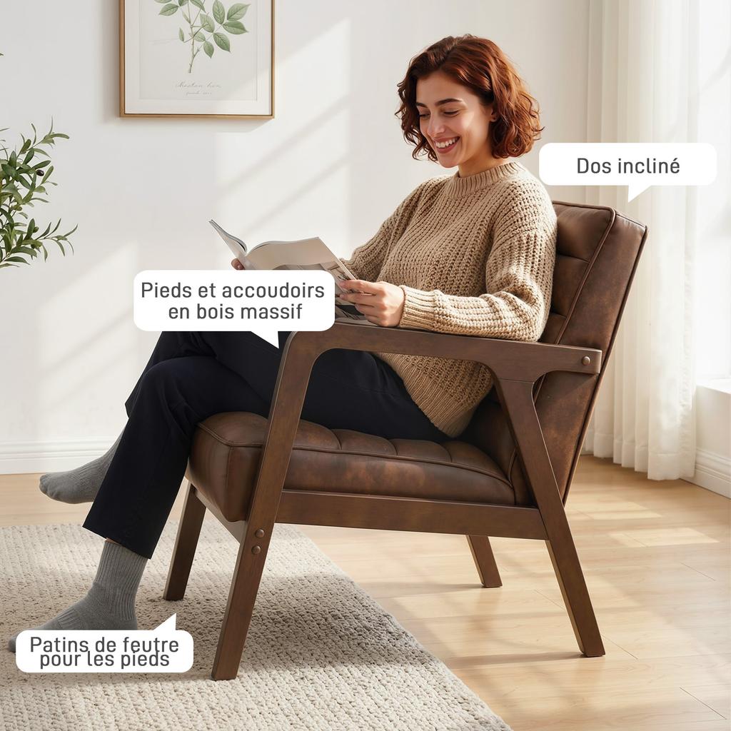 Lounge Chair, Upholstered PU Armchair, Solid Wood Frame, Brown