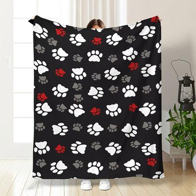 Cozy Animal Paw Print Flannel Blanket Soft Tear Resistant Warm, Black Background Minimalist Pet Design for Home Sofa Decor