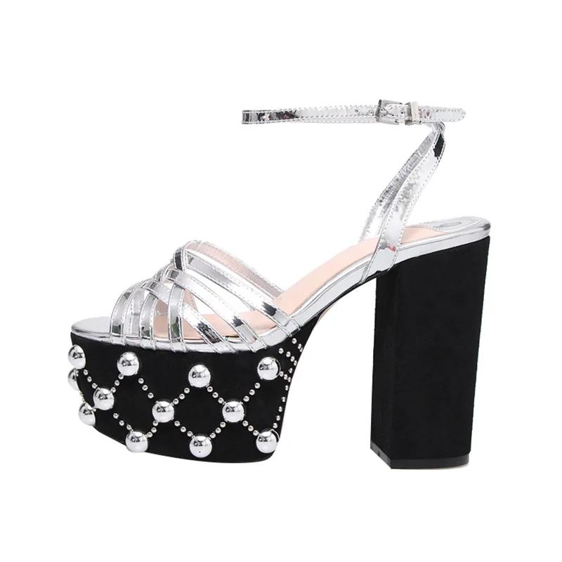 

Fashion Luxury Brand Women s Summer Fashion Metal Platform Sandals Large 34-42 Super High Heel Thick Bottom Rivet Party Women s Shoes 34