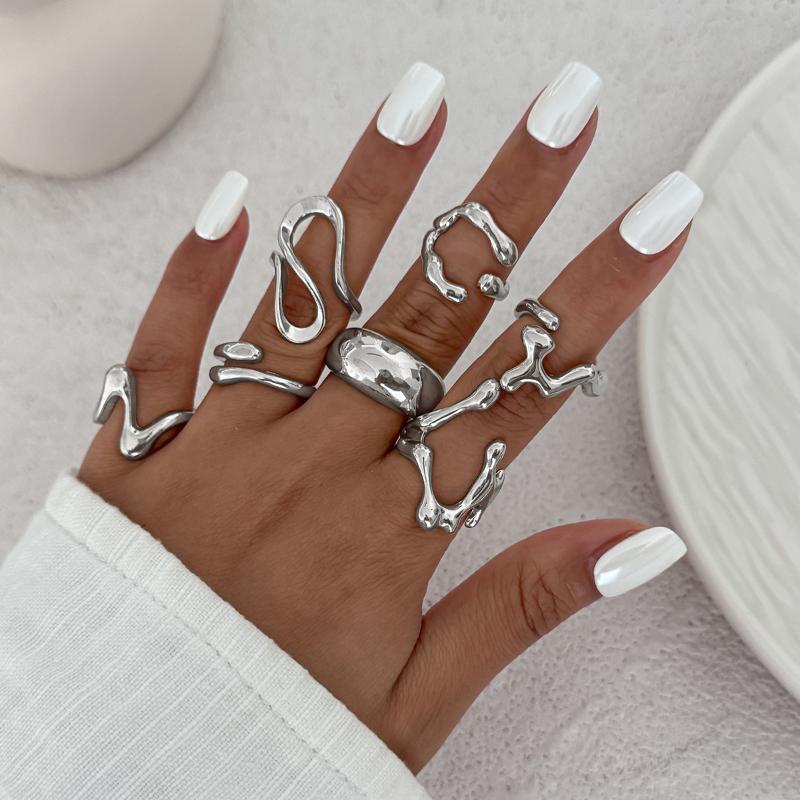 1Set Irregular Glossy Metal Open Rings For Women Vintage Punk Gold Silver Color Personality Finger Ring Female Jewelry