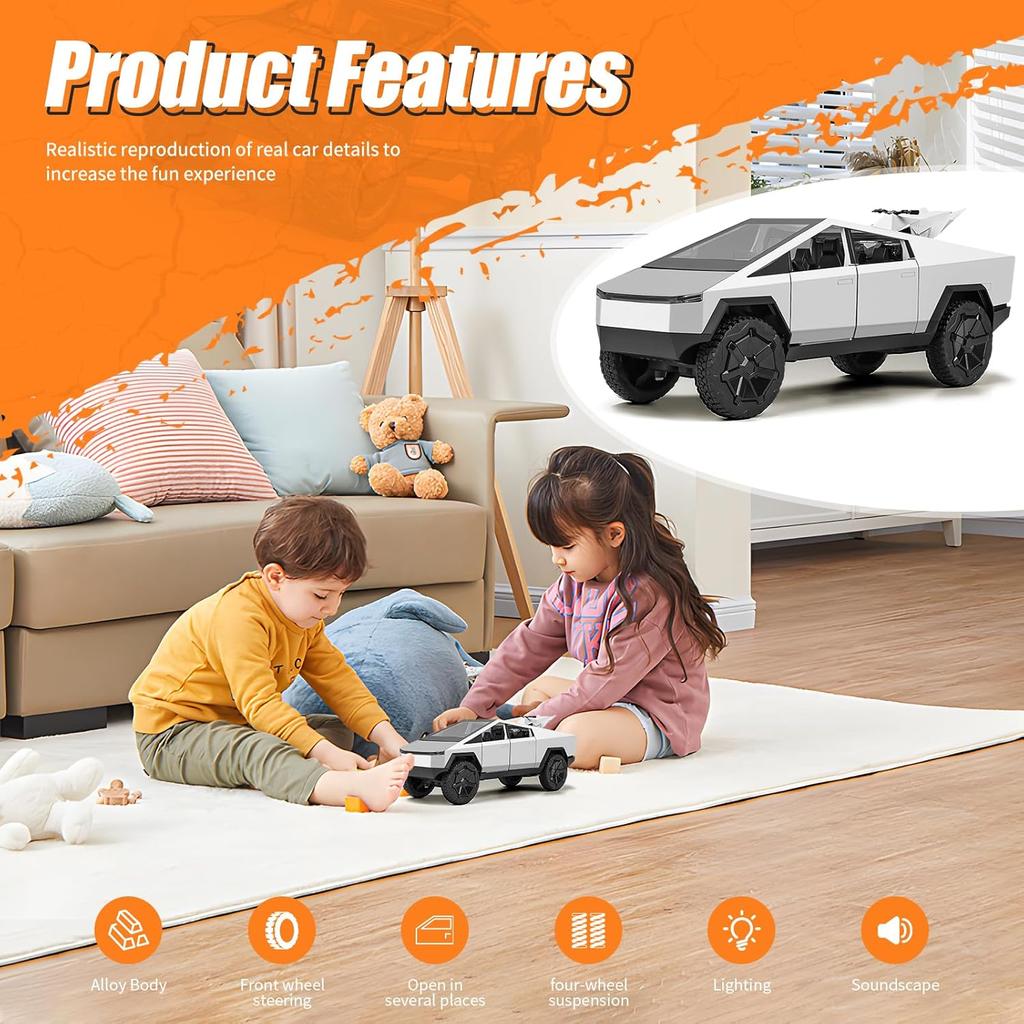 Cybertruck Toy Car,1:24 Zinc Alloy Pull Back Toy Car with Sound and Light,Cyberquad Display Model,Gifts for Boys and Girls (Silver)