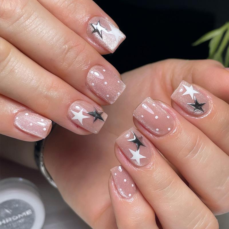 24Pcs Short French Tip False Nails Shimmer Ballet Nail Art Full Cover Sheer Press On Manicure Tips For Girls Daily Wear
