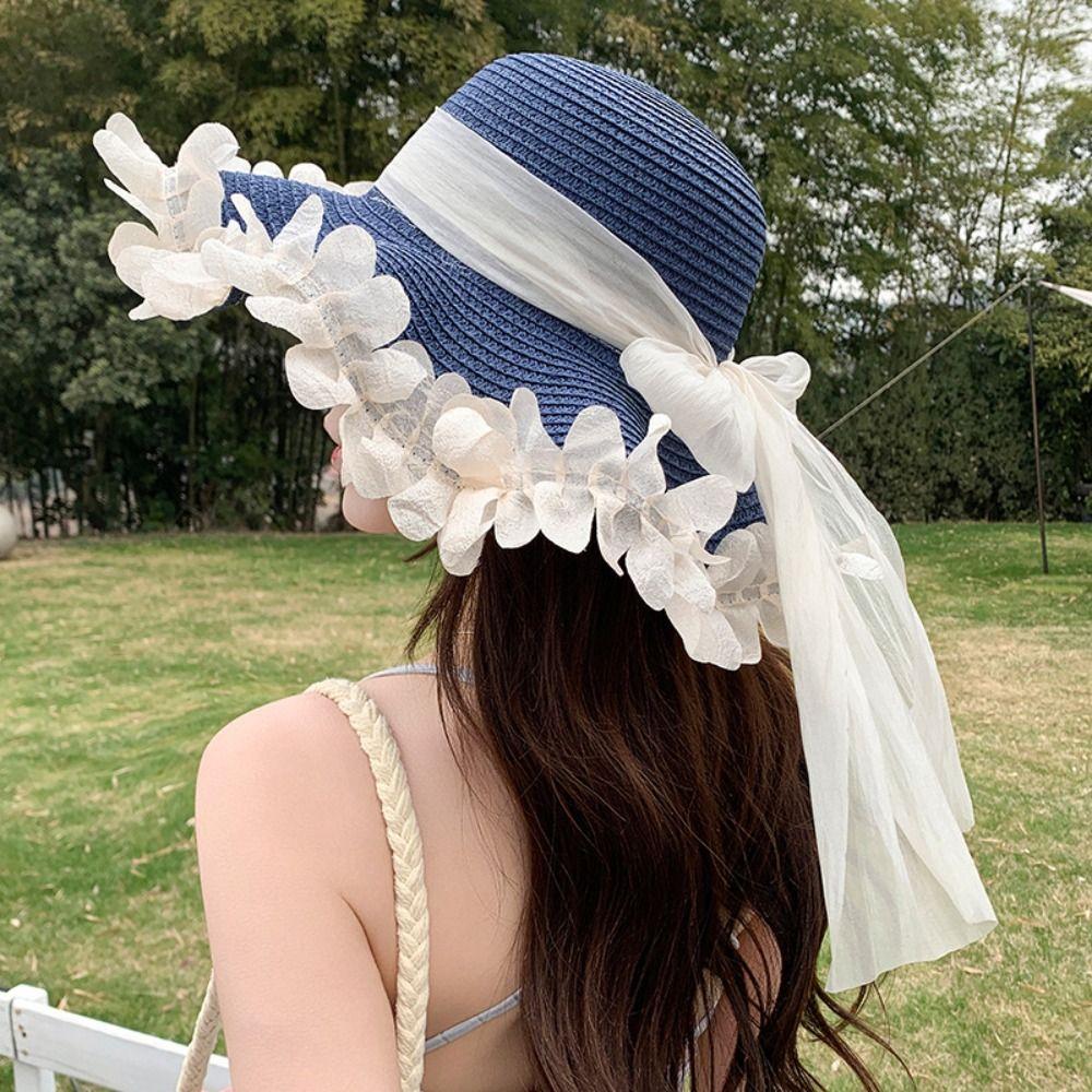 Breathable Straw Hat Wide-brimmed Beach Hat Sweet Sunshade Hat  for Summer Sun Protection
