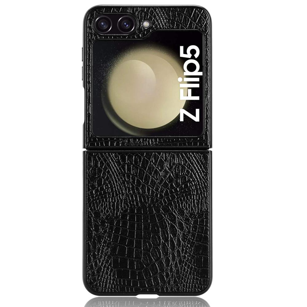 

For Samsung Galaxy Z Flip5 5G Anti-Scratch Crocodile Texture Phone Case PU Leather+PC Cell Phone Cover Black