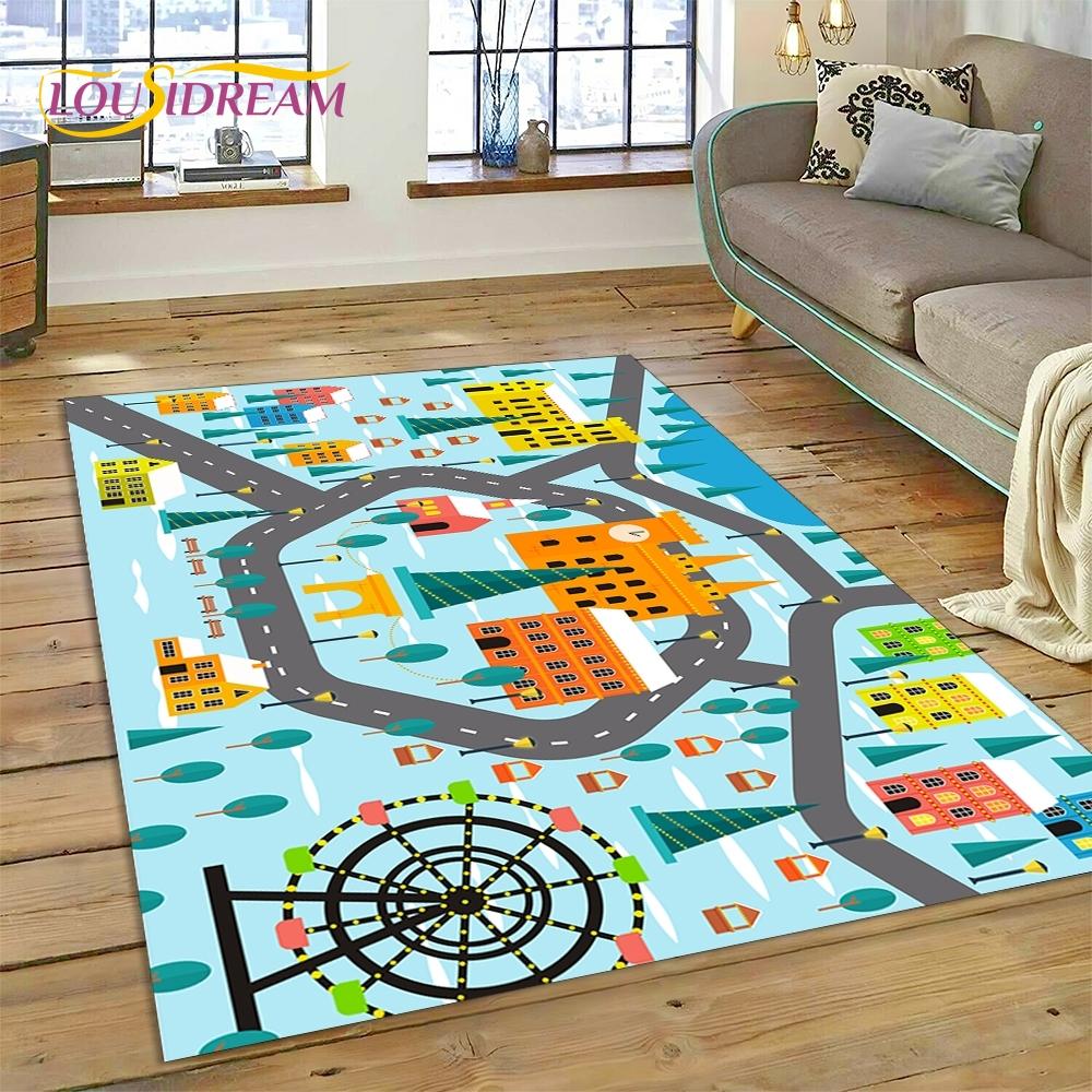 3D Autobahn Laufsteg Spielzimmer Stadtverkehr Straßenkarte Kinderspielmatte Teppich für Wohnzimmer Schlafzimmer Heimdekor, Rutschfest für Sofa