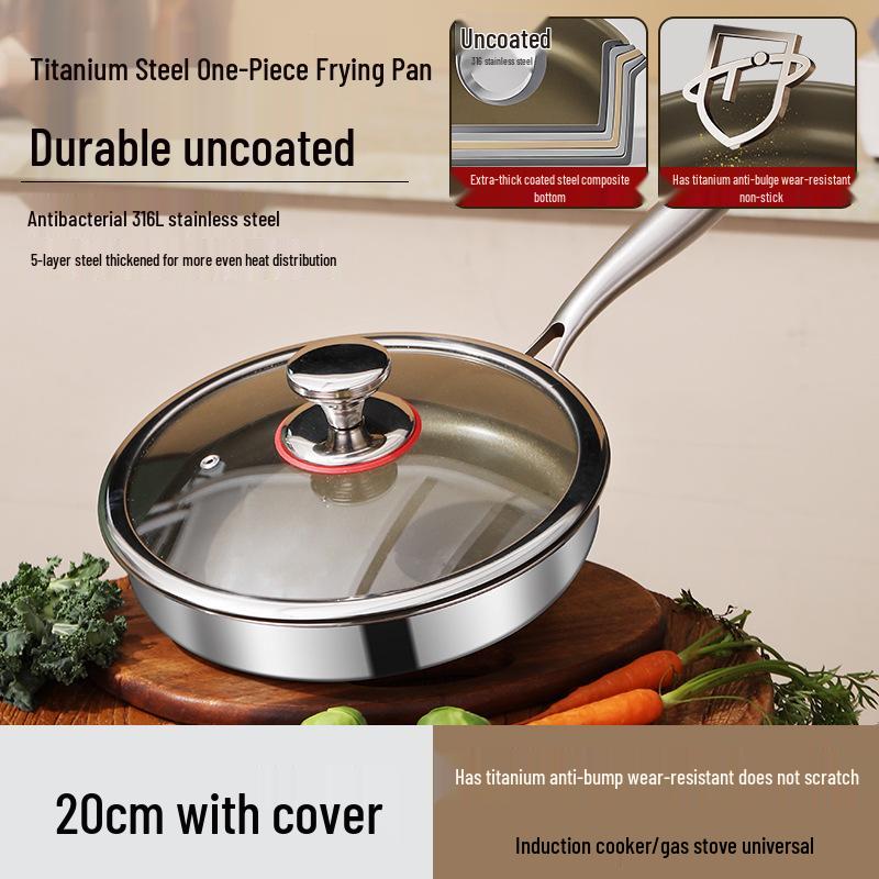 Titanium 316L Non-Stick Stainless Steel Frying Pan, Flat-Bottomed, Universal for Induction and Gas Stoves, Ideal for Commercial Use and Fried Eggs.