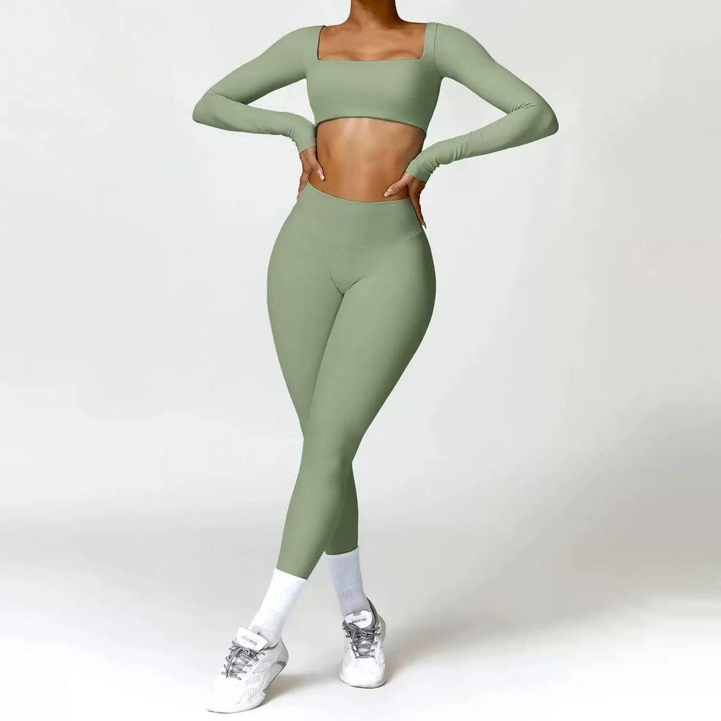 European & American Dance Yoga Wear: Sexy Square Neck Long Sleeve Top & High Waist Hip-Lifting Pants Set