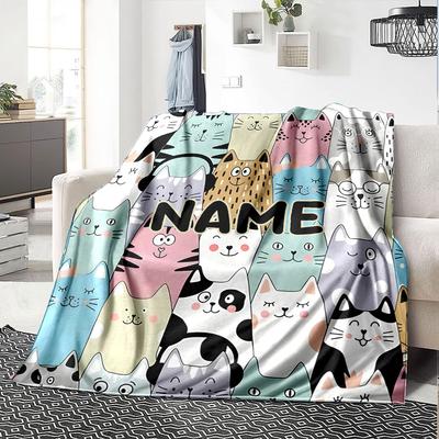 Cute Cat Pattern With Colorful And Playful Designs Multipurpose Customizable Blanket Customize Text Warmthful Decor Versatile For Sofa Couch Office