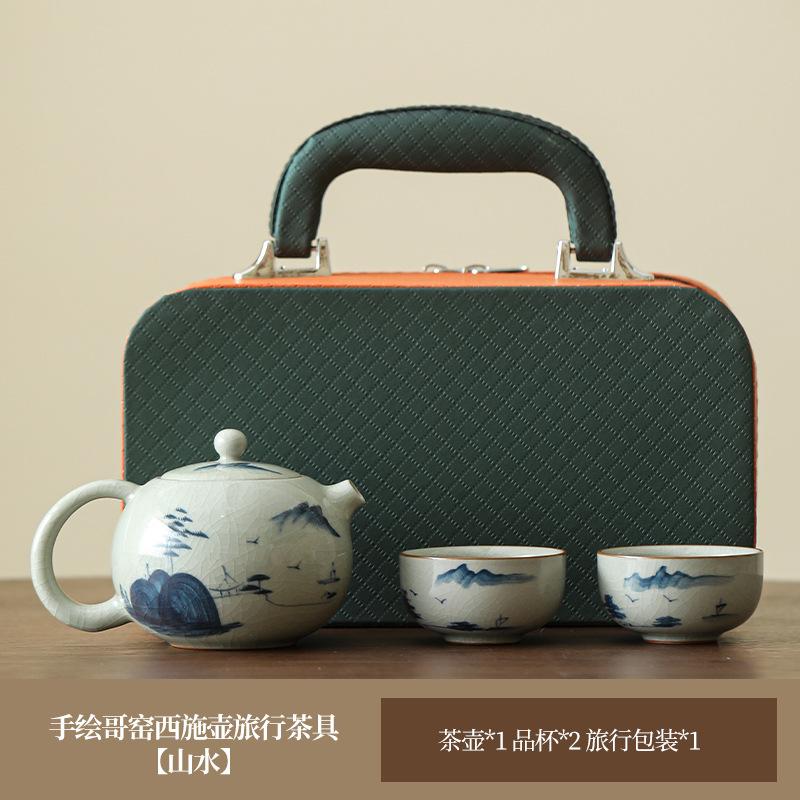 Hand-Painted Ge Kiln Travel Tea Set, High-End One Pot, Two Cups, Small Set, Portable Outdoor Kung Fu Teapot, Drinking Tea Cup