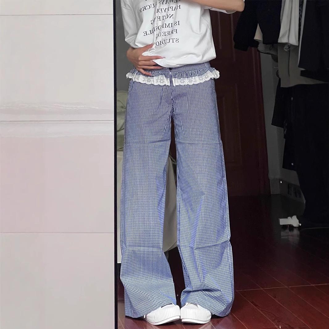 

Nongge Women s Retro Patchwork Plaid Pants - Spring 2025 Casual Two-in-One Lace Design L Premium темно-синий