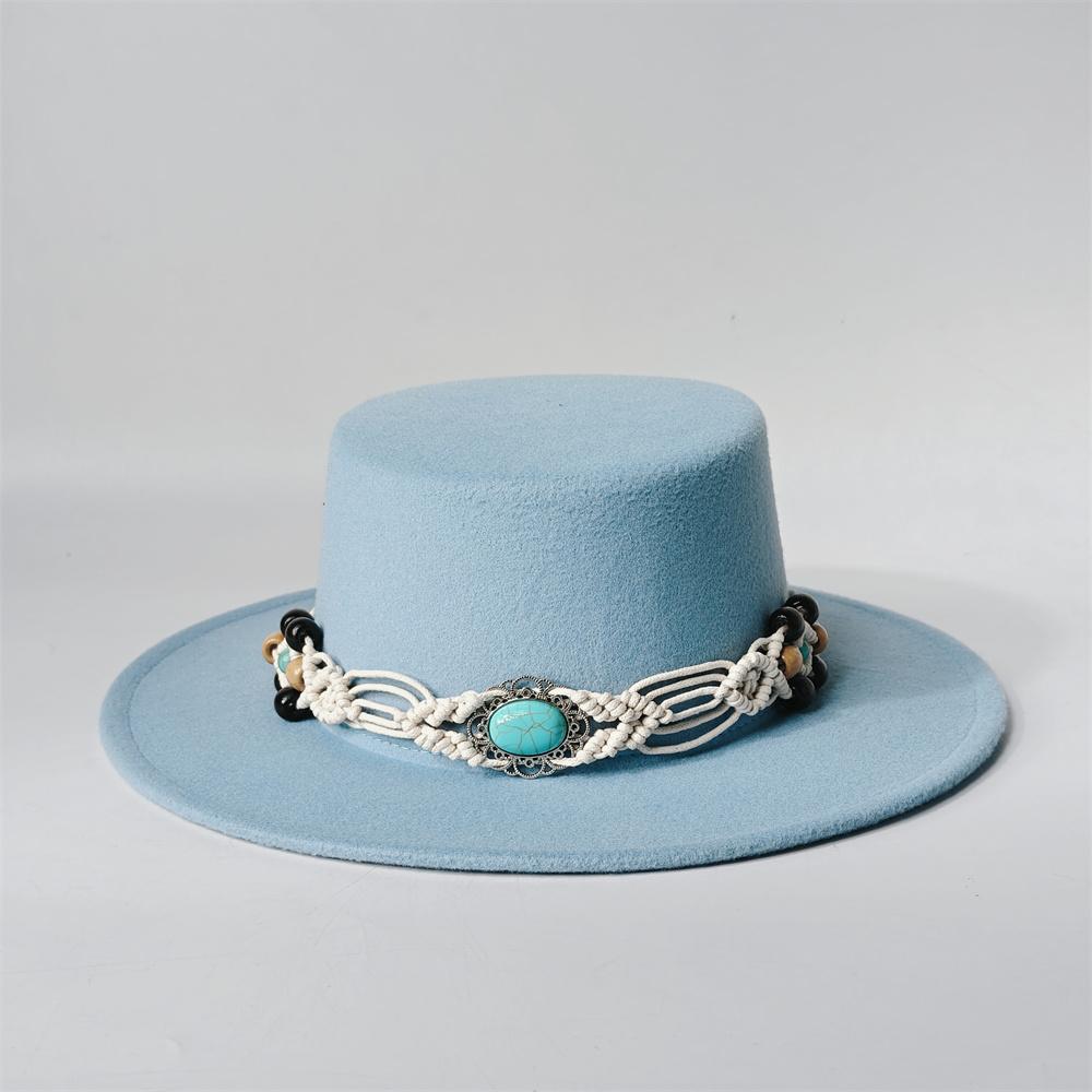 TurquoiseFedora Hat Women Men Autumn Winter Classic Felt Wide Brim Flat Top Jazz Panama Hat Casual Party Church Hat