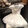 Girls Solid Lace Trim V Neck Princess Dress Simple Versatile Tween Skirt