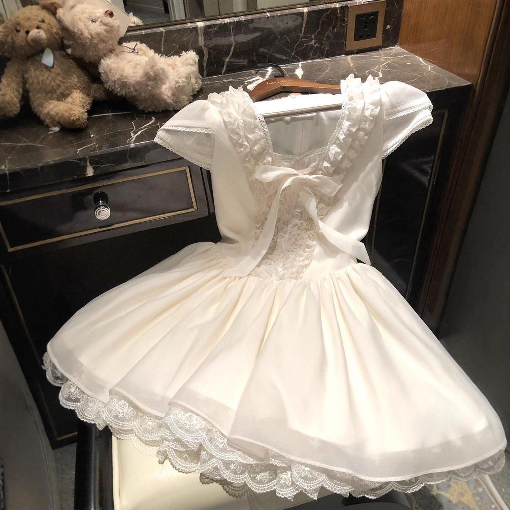 Girls Solid Lace Trim V Neck Princess Dress Simple Versatile Tween Skirt