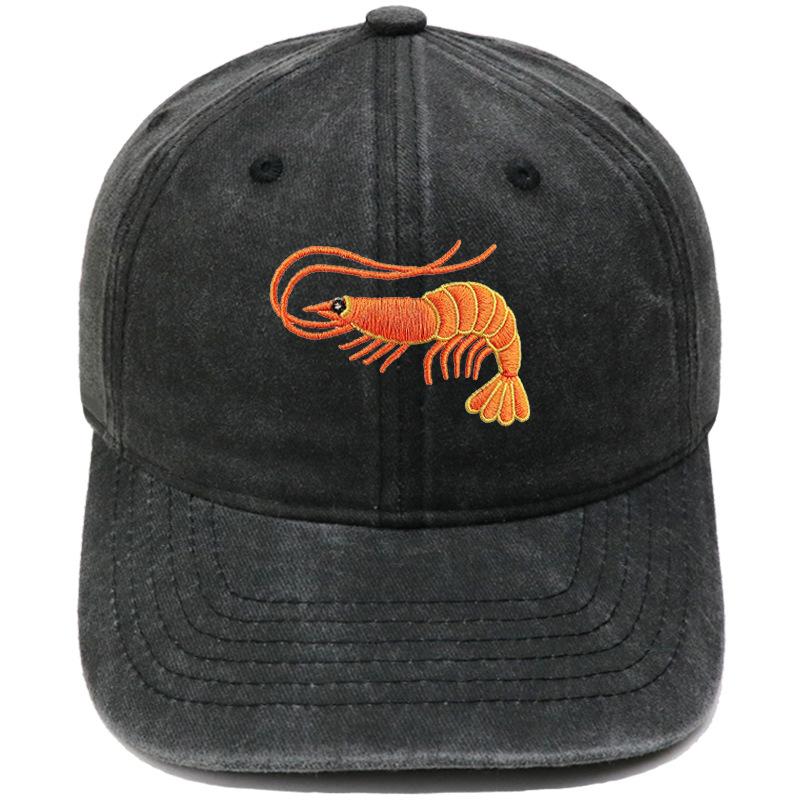 Neue Niedliche Orange Garnele Bestickte Baseballkappe Gewaschen Vintage Meeresbewohner Herren und Damen Lässige Sonnenschutzkappe