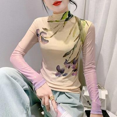 Women's Beige Floral Print Turtleneck Sheer Long-Sleeve Slim Blouse