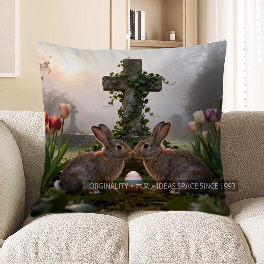 

2D Bunny Kisses At Cemetery With Easter Egg Pattern Cushion Cover Suitable For Sofa Bedroom Car Pillow Cover 40x40cm