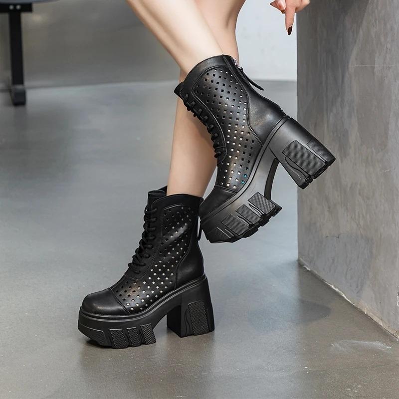Fashion High quality 11CM Height Women Summer Motorcycle Boots High Heel  New Genuine Leather Mesh Boots Women Cool Ankle Boots women