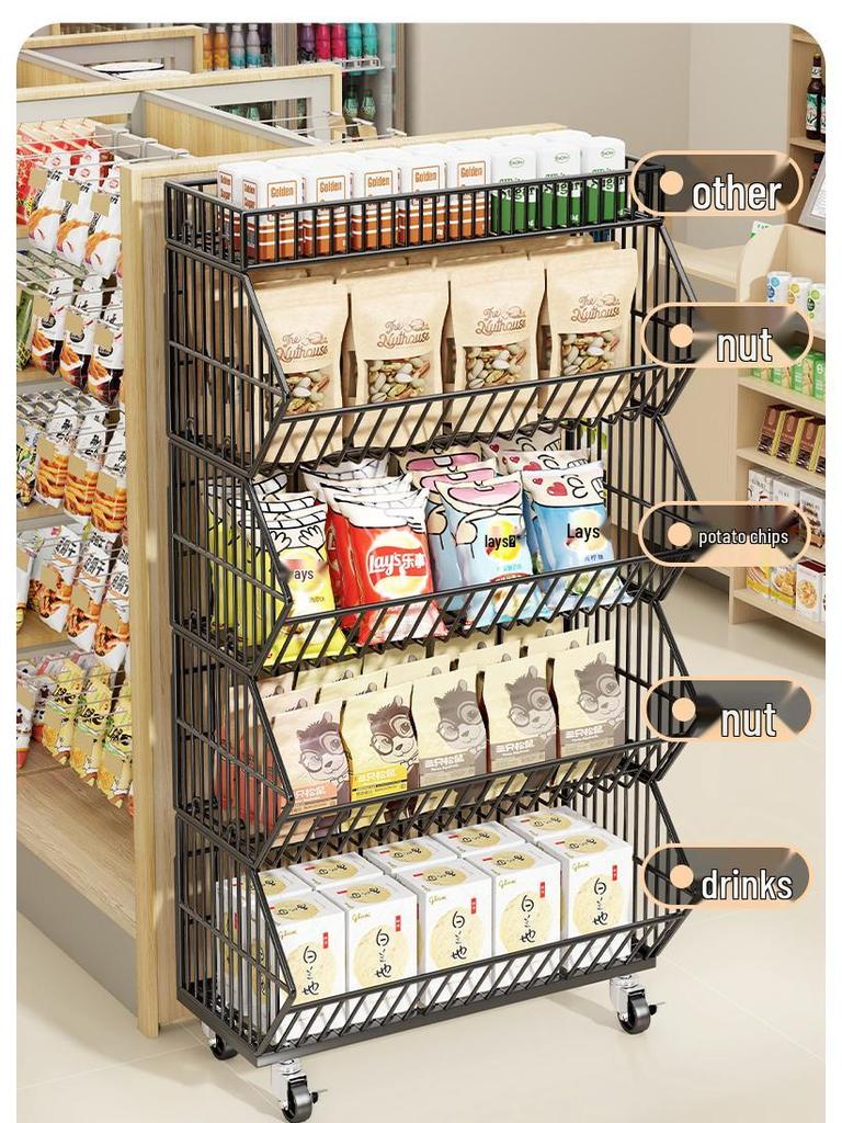 Multi-Layer Snack Display Rack with Wheels for Supermarket or Convenience Store