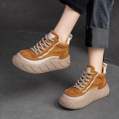 Flache Plateauschuhe aus echtem Leder für Damen mit dicken Sohlen, bequem, vielseitig, lässig, kurze Stiefel