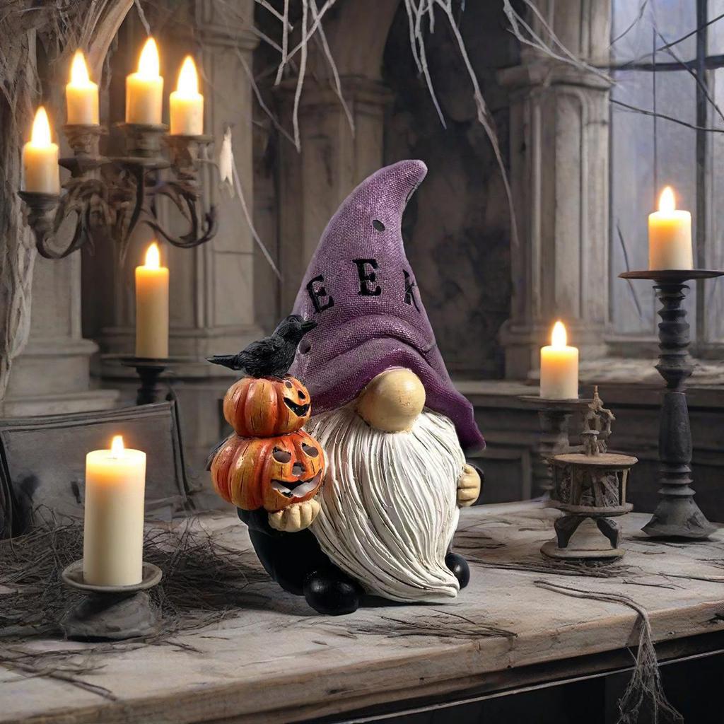 Halloween Gnome Figurine Resin Sculpture with Skull and Crow Micro Landscape Decoration for Indoor Outdoor Display