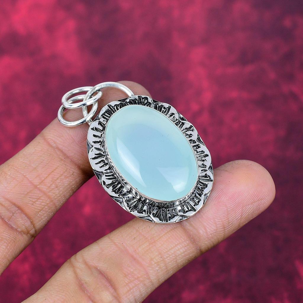 Aqua Chalcedon Silber Edelsteinschmuck, 925 Sterlingsilber Anhänger, Handgefertigter Alltagsschmuck für Frauen
