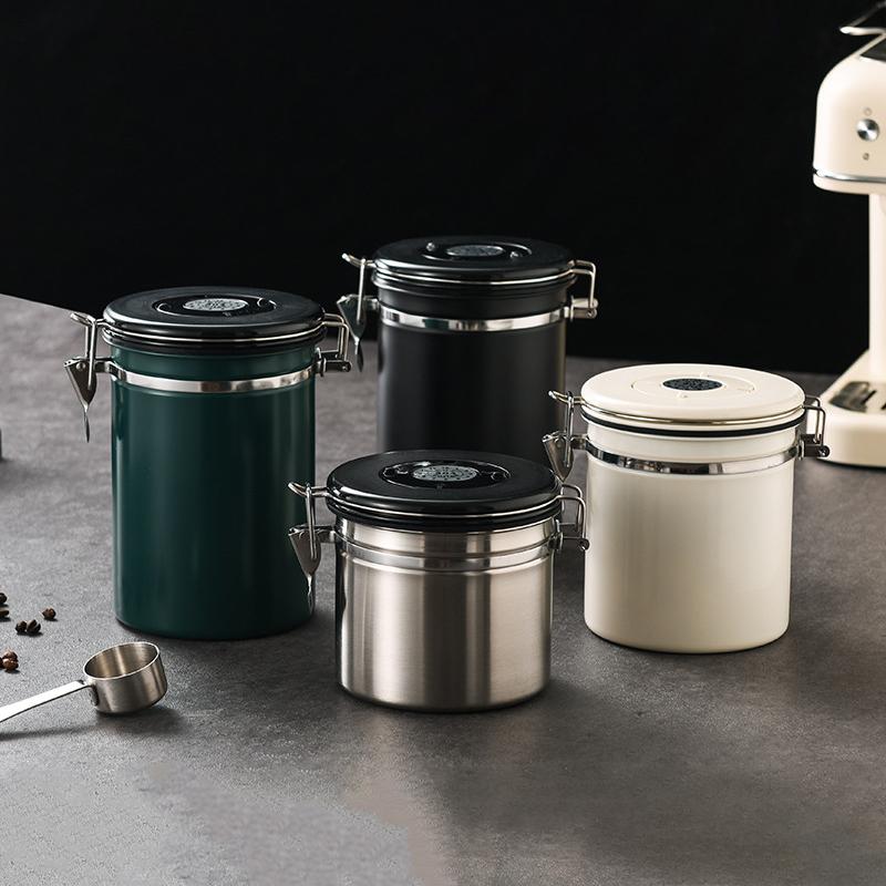 1.2 1.5 1.8L Coffee Bean Jar Airtight Canister Sealed Stainless Steel With Spoon One Way Valve Cannister Coffee Storage Kitchen