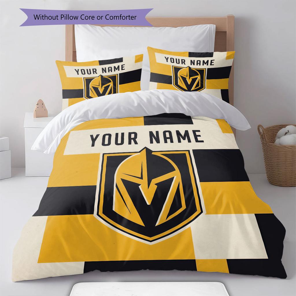 Custom Name,Vegas Golden Knights Pattern Bedding Home Decoration Birthday Gift ( 1 duvet cover + 2 pillowcase, without core),fan merchandise.